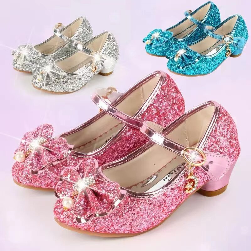 Zapatos de cuero de mariposa para niña, calzado de tacón alto con diamantes y purpurina para fiesta de baile, 2024