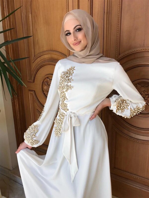 Vrouwen Moslim Dubai Abaya Lange Mouw Maxi Jurk Bloemen Kant Kralen Hijab Kaftan