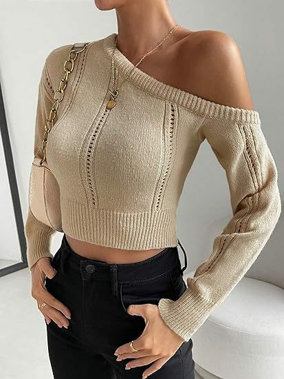 Top curto justo feminino, suéter de malha, decote assimétrico, ombro fora, casual, sexy, elegante, outono e inverno