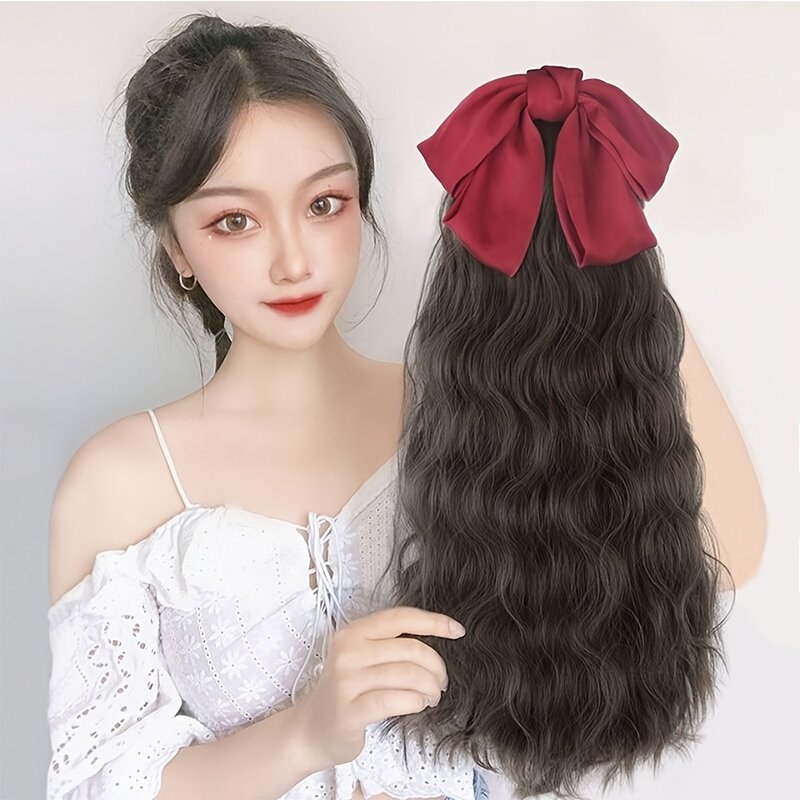 Water ripples wave loose Curly Synthetic Ponytail Hair Extension wig red Bowknot Tie up the ponytail Elegant women Hair fittings