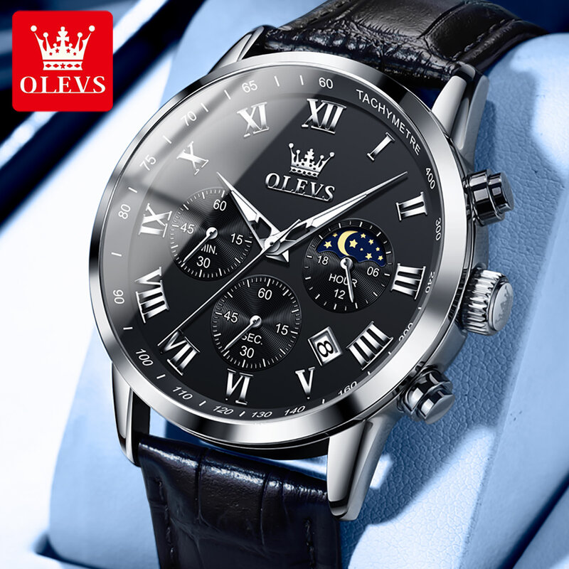 OLEVS jam tangan kronograf pria, arloji Quartz kulit kalender tahan air untuk lelaki