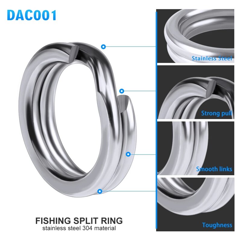 Heavy Duty Pesca Duplo Anel Conector, Fish Hook Snap Ring, Aço inoxidável Split Ring, Acessórios de pesca, 100 pcs por saco