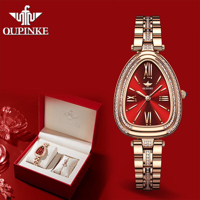 OUPINKE-reloj de cuarzo con correa de acero inoxidable y diamantes para mujer, Conjunto de reloj con espejo de zafiro, movimiento suizo, 3192