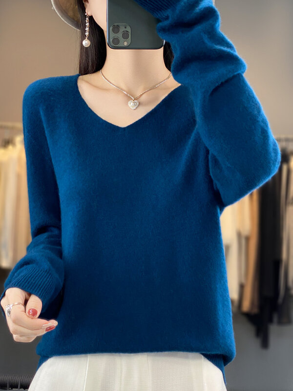 Ali select Mode 100% Merinowolle Frauen Pullover V-Ausschnitt Langarm Basic Pullover Frühling Herbst Winter Kleidung Strickwaren Tops