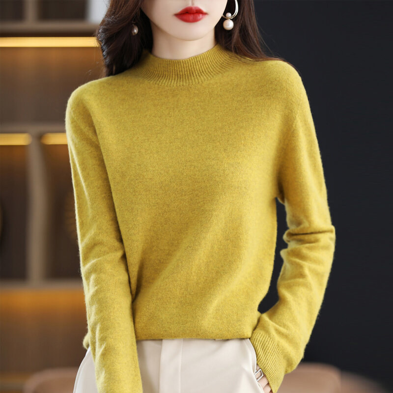 100% Sweter Wol Murni Wanita Setengah Turtleneck Sweter Pullover 2022 Musim Gugur Musim Dingin Baru Warna Solid Pakaian Luar Semua Pertandingan Atasan Ramping