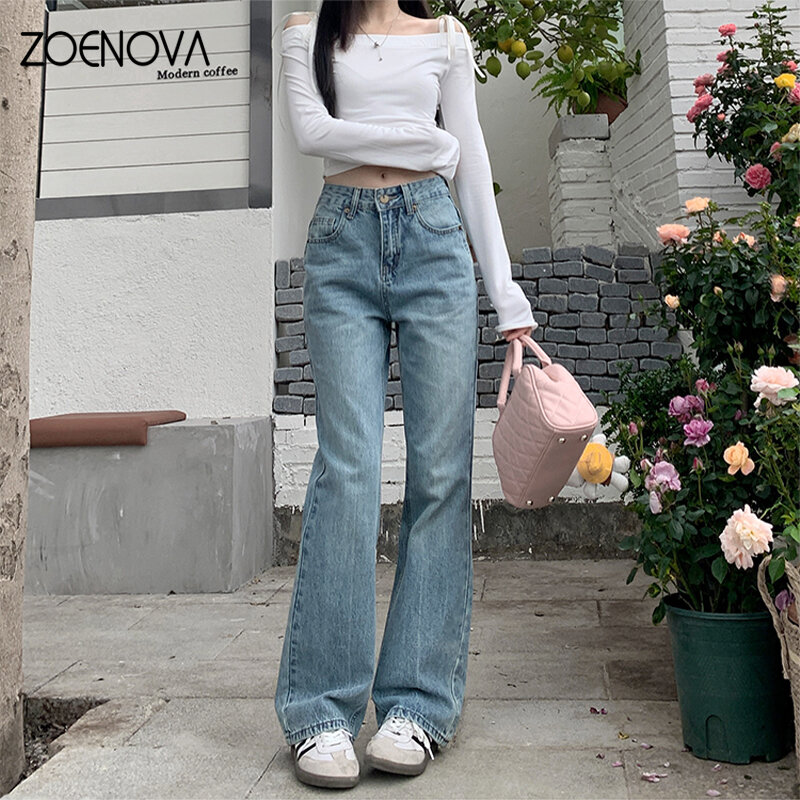 ZOENOVA-سراويل جينز نسائية واسعة الساق ، كلاسيكية ، خصر مرتفع ، مستقيم ، فضفاض ، أزرق ، ساق واسعة ، بسيطة ، متعددة الاستخدامات ، عصرية ، جديدة ، صيفية