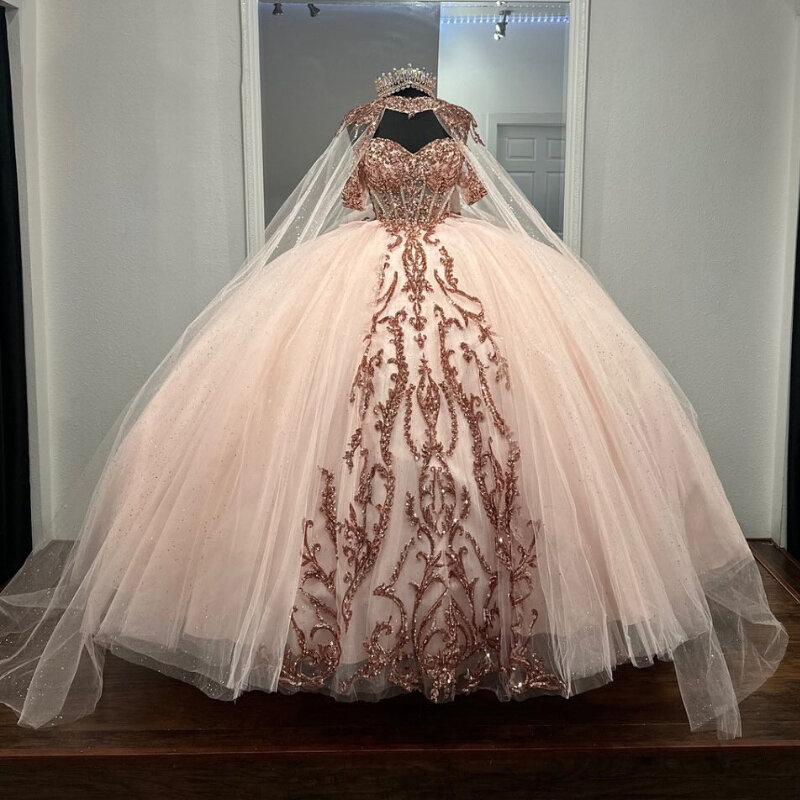 Pink Shiny Ball Gown Quinceanera Dress With Cape Sequined Appliques Lace Tull Vestidos De 15 Años Princess Formal Occasion Gown