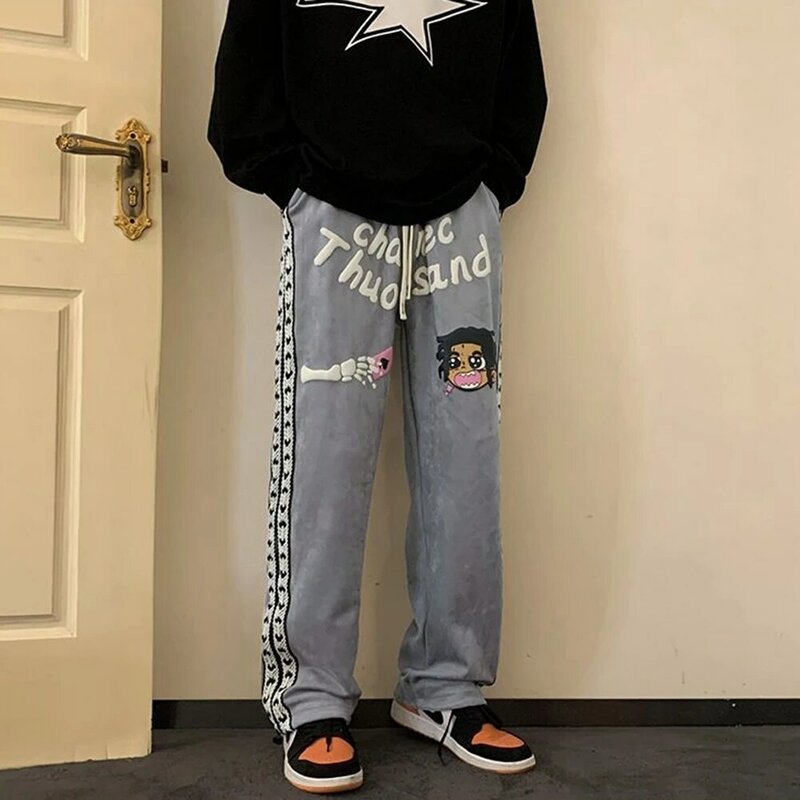 Na moda graffiti impresso calças retas dos homens 2023 nova rua americana hiphop moletom casual tamanho grande solto calças wideleg
