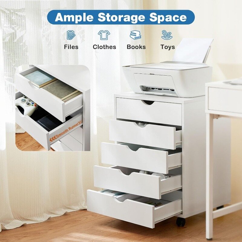 5 szuflad, szafa na dokumenty drewniane domowe biuro przenośne mobilne przechowywanie, białe, 15.75 "D X 18.74" W X 25.39 "H, szafa na dokumenty