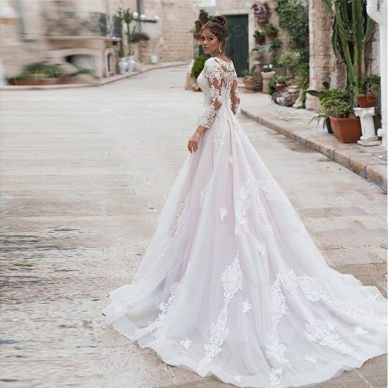 Женское свадебное платье трапециевидной формы, классическое кружевное платье невесты с аппликацией и длинным рукавом, платье принцессы на пуговицах, 2024