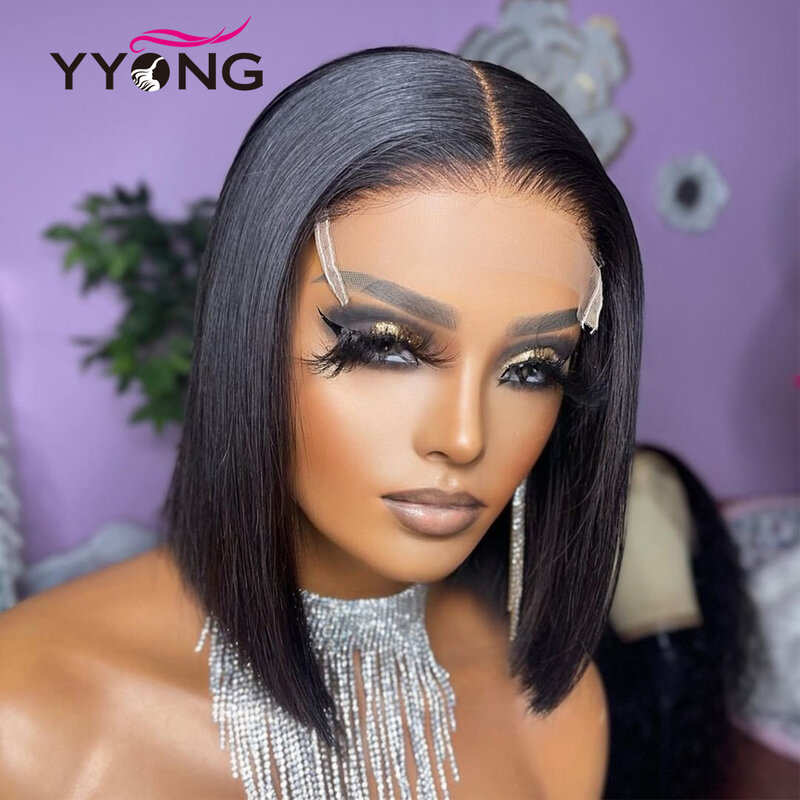 Yyong бразильские прямые короткие парики боб, парики Remy T часть, парики на сетке для черных женщин, предварительно выщипанные прозрачные парики из человеческих волос