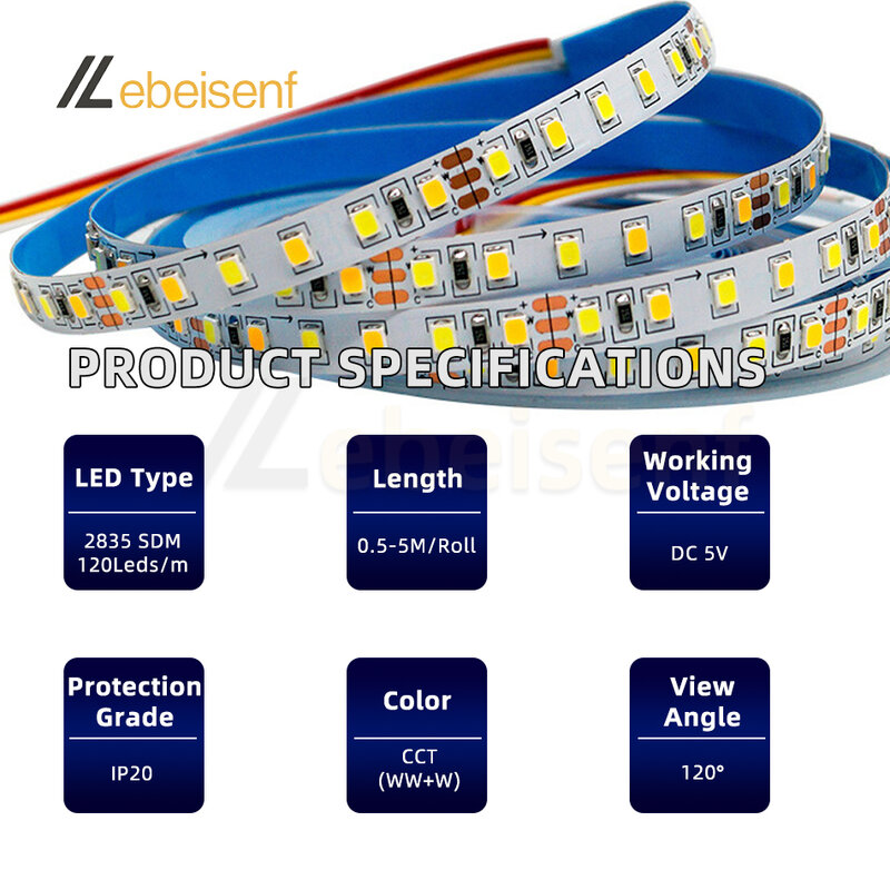LED Dual Color Strip Light Kit, Fita flexível Bar Lamp, Controlador Dimmer, 4-Key, 2m, USB, 5V, 120 LEDs, 3000K, 4000K, 6000K, CCT, 0,5-5m