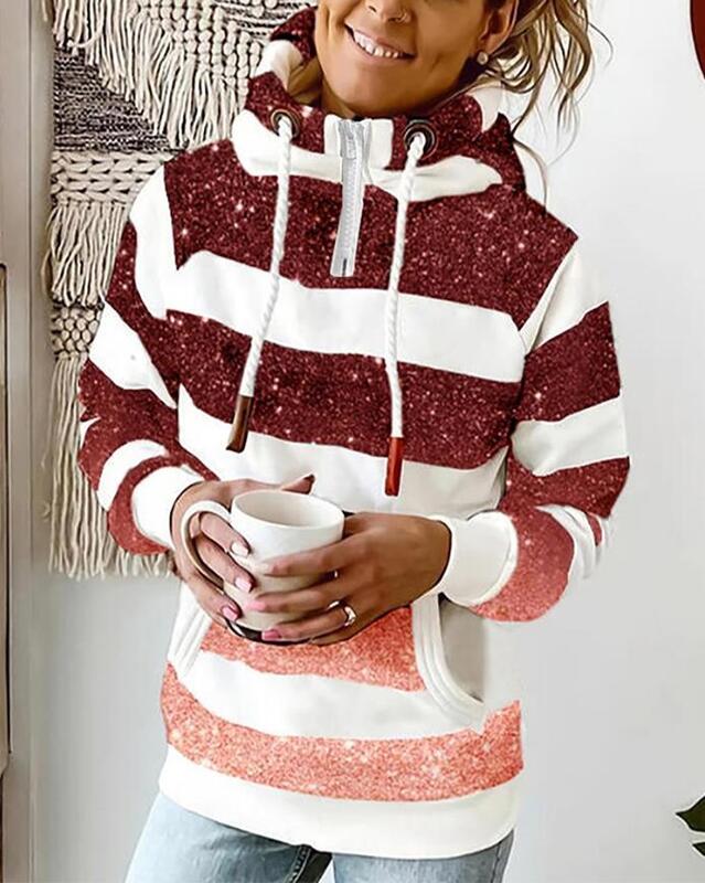 Urban Style 2023 donna Top autunno inverno alla moda manica lunga Glitter a righe Ombre Pocket Design felpa con cappuccio
