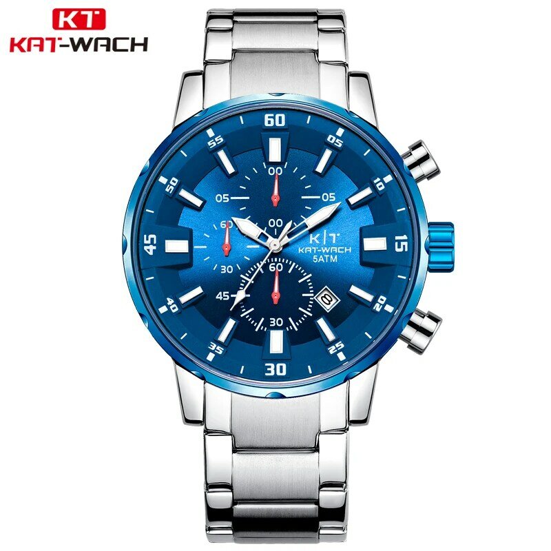 KAT-WACH-relógio de quartzo impermeável de luxo masculino, três olhos, seis pinos, relógio de pulso calendário, relógio esportivo, moda