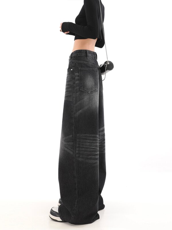 กางเกงยีนส์สไตล์วินเทจทรงถุงสีดำสำหรับผู้หญิงกางเกงเดนิมเอวสูง Y2k MODE Korea สตรีทแวร์ทรงโอเวอร์ไซส์สำหรับผู้หญิง