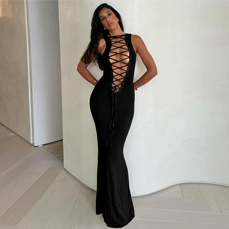 Women's Hollow Long Maxi Prom Dress Sexy Lace Up Sleeveless Summer Casual Daily Streetwear Party Gown Skirt Robes