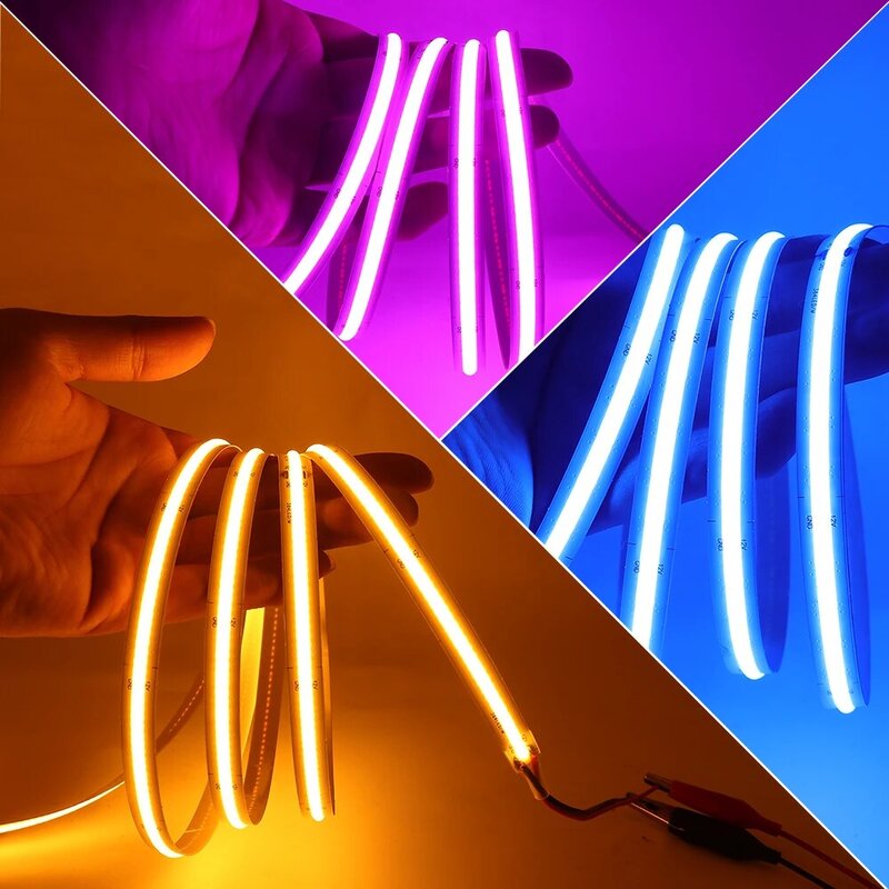 Fita flexível COB LED Light Strip, corda de fita, alta densidade, branco, rosa, amarelo, gelo, azul, vermelho, verde, DC 12V, 24V, 320Leds por m, RA90