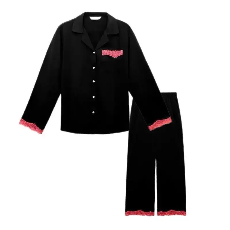 Nieuwe Nachtkleding Lente En Herfst Eenvoudige Zwarte Premium Gevoel Sexy Lange Mouw Dames Pyjama Kanten Homewear Lange Broek Set