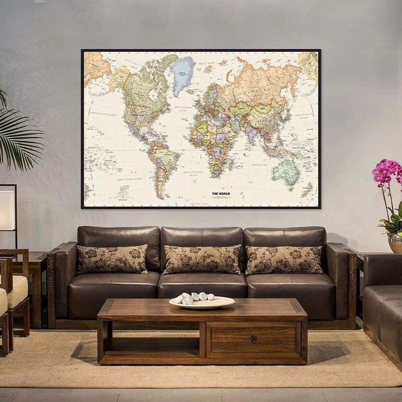 59*42cm Retro World Map Detailed Map of Major Cities In Each Country Non-woven Vintage Map Home Decoration Wall Poster