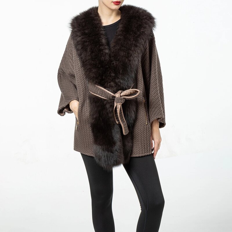 real rabbit down knittting fox fur coat with collar  and front with belt 210902