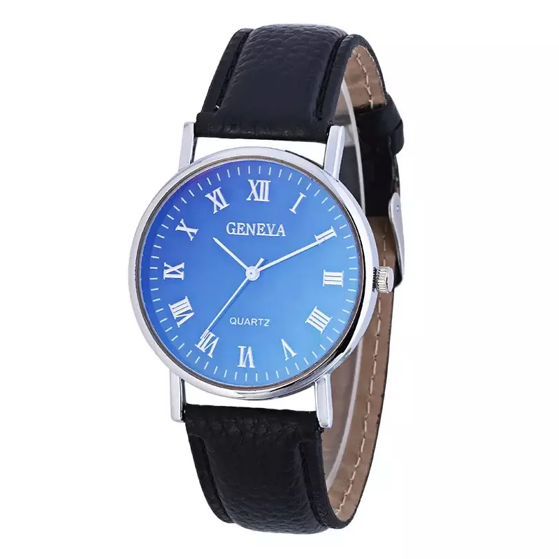 Jam tangan pria Geneva 2023 baru jam tangan bisnis Analog Quartz tali kulit imitasi Blu-Ray angka Romawi jam tangan pria