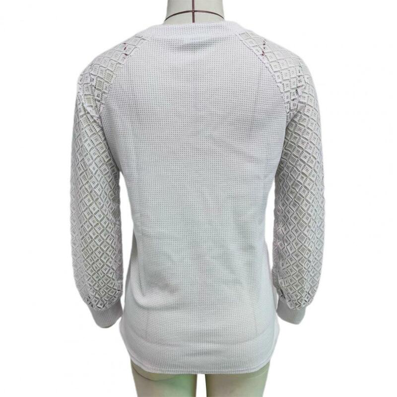 Women Casual Blouse V-neck Waffle Hollow Lace Stitching Lantern Long Sleeve Pullover T-shirt Tops blusa mujer moda 2023