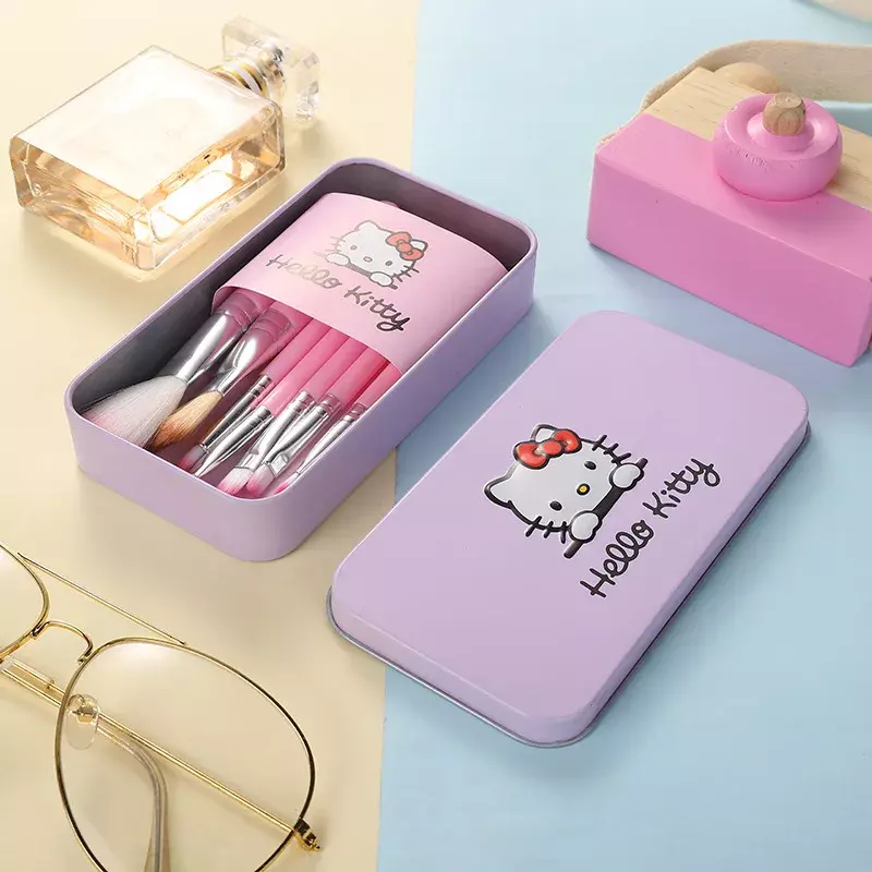 Juego de brochas de maquillaje de Hello Kitty Sanrio, herramientas de belleza para mujeres y niñas, accesorios de Anime de dibujos animados, caja de regalo para niñas