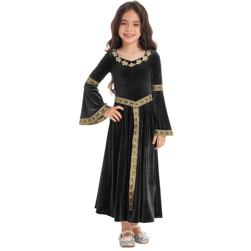 Kid Girls średniowieczne, renesans księżniczka kostium królowej Halloween sukienka Cosplay aksamitna długi, rozszerzony rękaw sukienka Vintage Up kostiumy