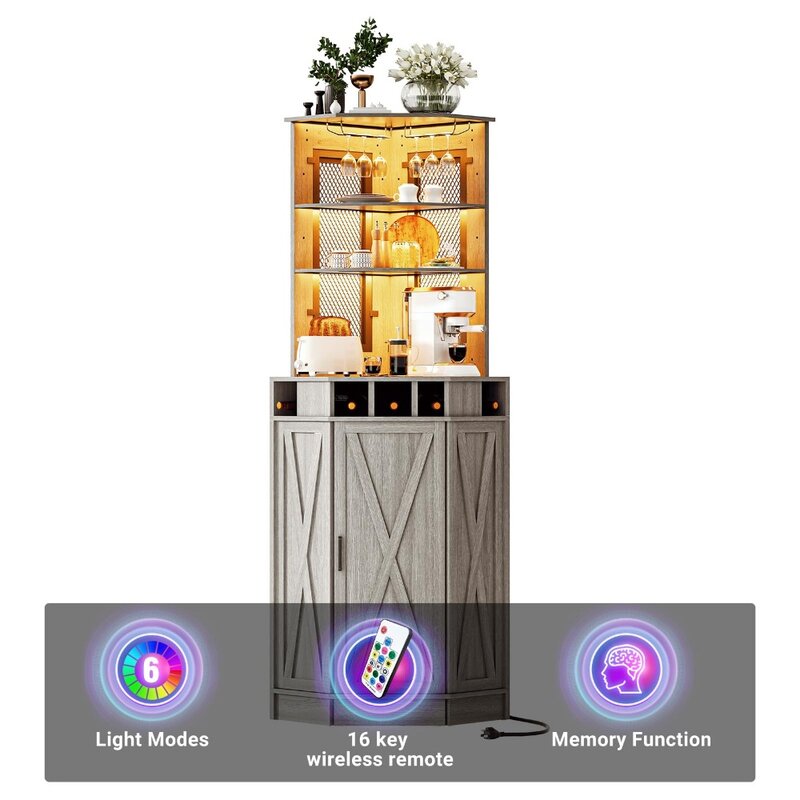 2024 nowych wysokich szafka narożna barowych z 2 regulowanymi półkami, szafką na kawę z lampami LED, stojakiem na listwa sieciowa i wino