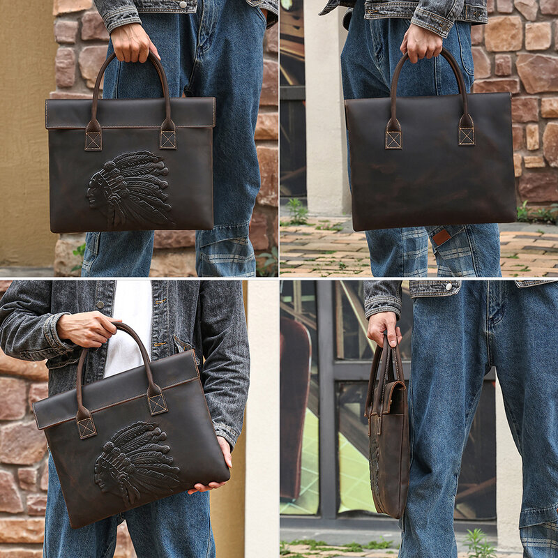 男性用クレイジーホースレザーハンドバッグ、ラップトップバッグ、ビジネストラベル軽量ブリーフケース