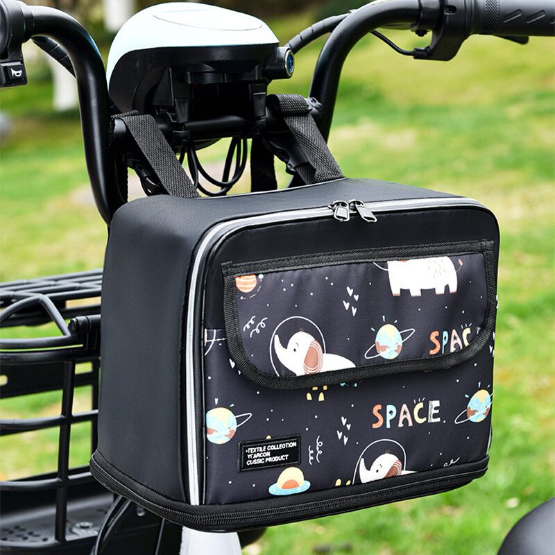 Tas penyimpanan sepeda listrik, kartun hitam tahan air bersepeda tas gantung depan portabel pengisi daya sepeda listrik saku jas hujan