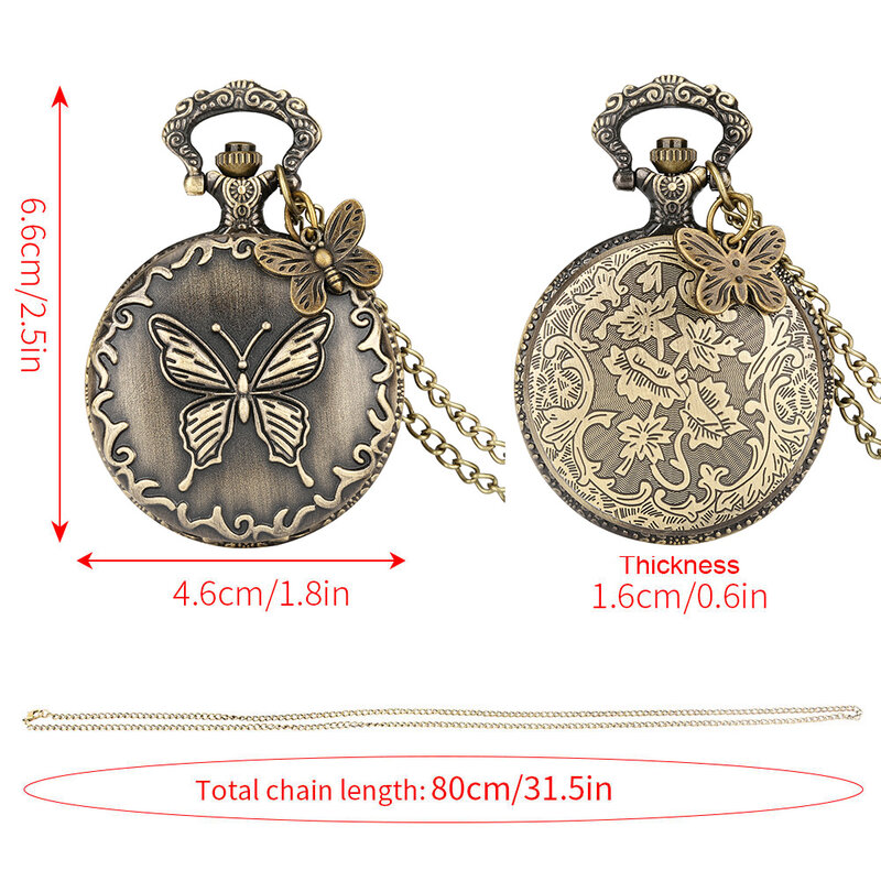 Levendige Vlinder Relief Patroon Zakhorloge Antieke Prachtige Bronzen Quartz Hanger Klok Horloge Creative Gift Met Accessoires