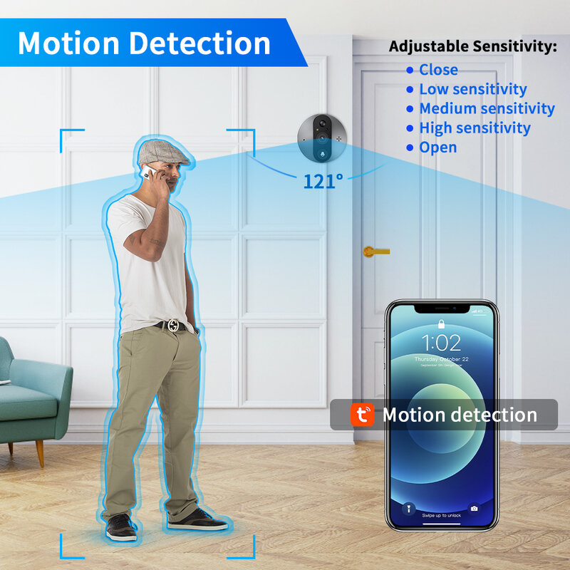 Tuya Smart Doorbell Eye Peephole Camera, Áudio Bidirecional, Visão Nocturna, Monitor Exterior, 1080P, WiFi, 4,3"
