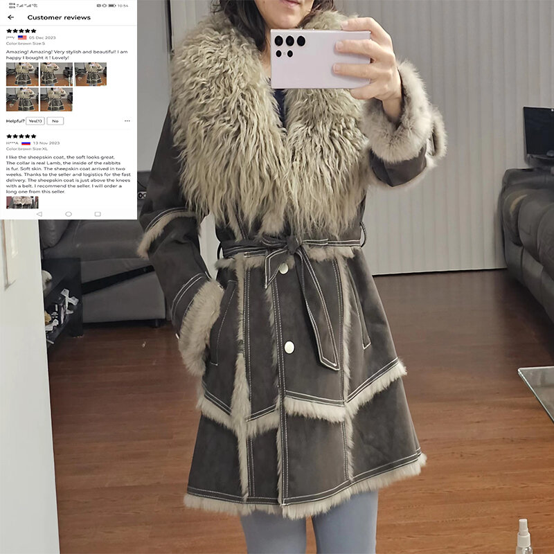 Sheepskin Coat For Women，Leather ，Winter 2023 Coat Fur For Rabbit Hair Lining Sheepskin Collar Luxurious Long Style