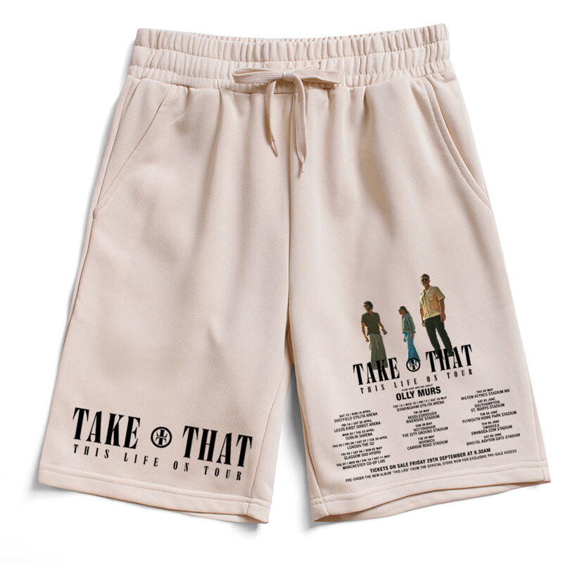 Calças curtas para homens e mulheres, calças de algodão, calças de praia, Take That Life On Tour, 2024
