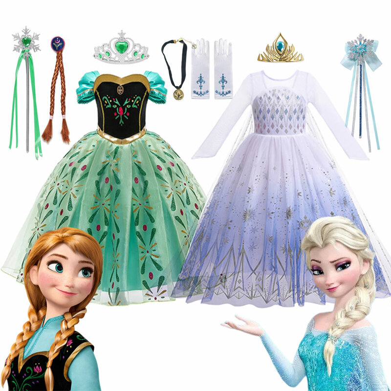 Gaun Putri Disney Elsa Anna untuk Anak Perempuan Gaun Pesta Jala Berpayet Putih Pakaian Karnaval Cosplay Anak-anak Kostum Snow Queen Frozen