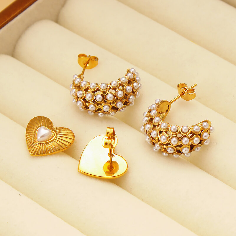 Pendientes de perlas de corazón corrugado plisado de acero inoxidable 316L para mujer, joyería francesa Vintage, 3 estilos