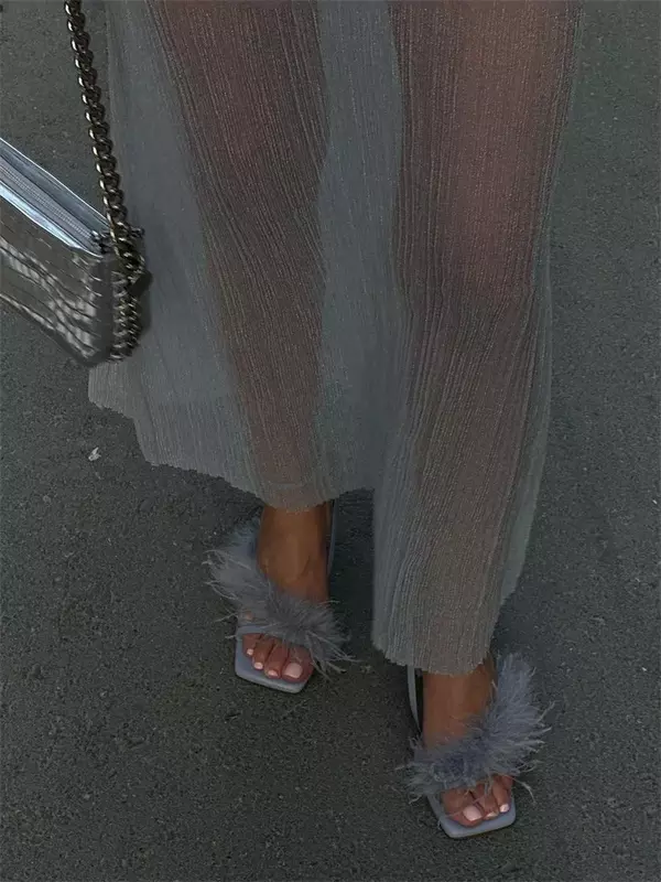 Tossy Mesh Pleated See-Through Long Skirt For Women Sheer Sexy Hollow Out Holiday Beach Skirt Female High Waist Y2k Maxi Skirt