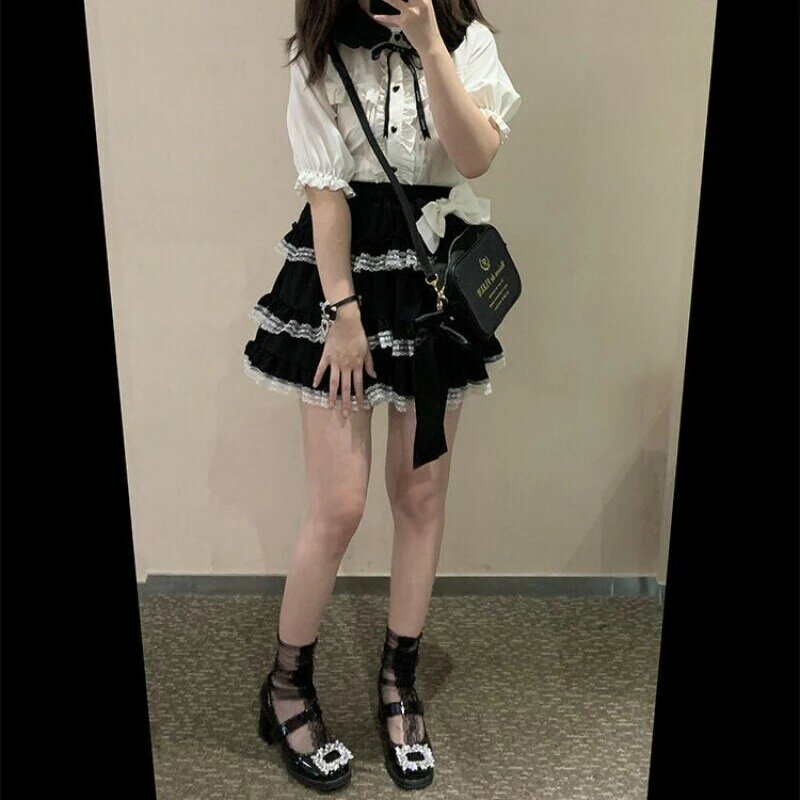 Милая Мини-юбка в стиле "Лолита" с оборками, в японском стиле Харадзюку, милые короткие юбки в японском стиле, кружевная Лоскутная плиссированная готическая юбка