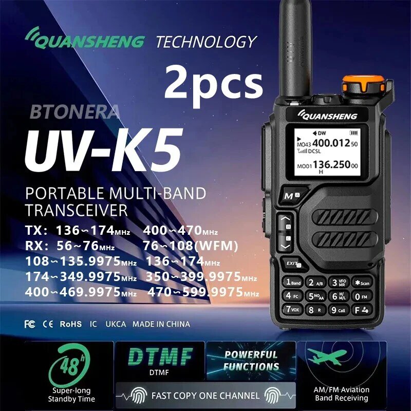 Quansheng-UV K5 dois sentidos Walkie Talkie, Rádio FM NOAA Scrambler, DTMF Amador, cópia de freqüência sem fio, 50-600MHz, 2pcs