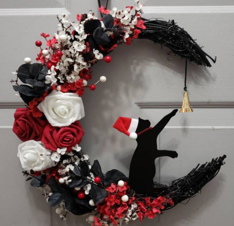 Guirnalda navideña para colgar en la pared, colgante con forma de Luna, gato que lleva un sombrero de Navidad, guirnalda de flores secas para fiesta