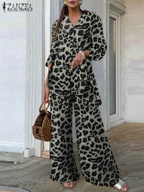 Модный женский брючный костюм с леопардовым принтом ZANZEA Повседневный свободный топ и брюки одежда осень 2022 брюки с широкими штанинами для отдыха комплект из двух предметов