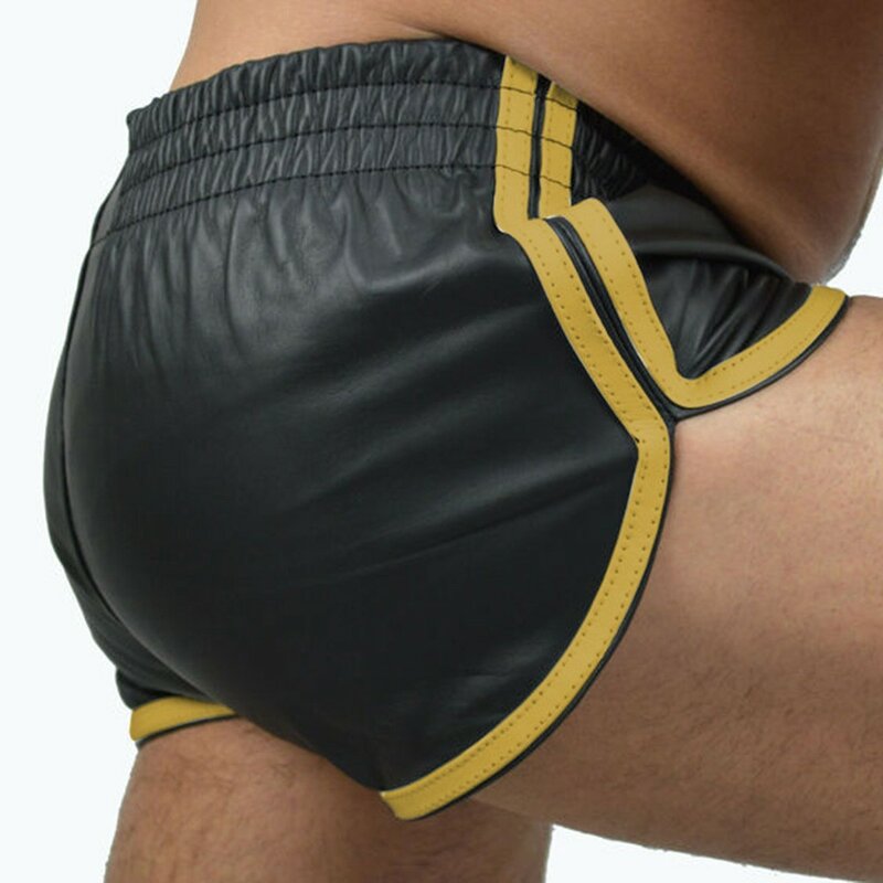 Sexy Men Punk PU Leather Slim Motorcycle Trousers Solid Color Plus Size Shorts Soft Boxershorts Male Panties Shorts