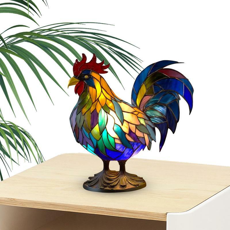 Stained Glass Animal Lamp Rooster Stained Glass Resin Nightstand Lamp Retro Gifts Home Decoration Animal Sculpture Night Light