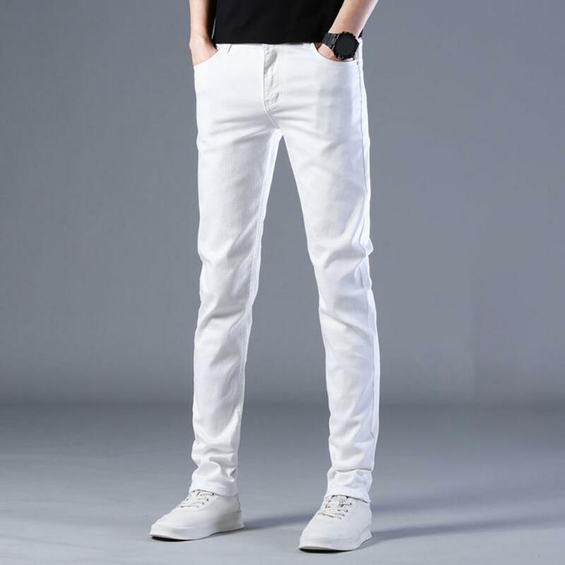 Solid Color Pants Elastic Slim Fit Men's Pants with Breathable Pockets Business Style Mid Waist Zip Fly Closure for Casual