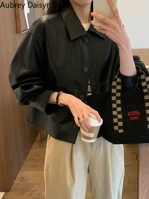 Giacca in pelle corta tendenza moda coreana donna High Street cappotto Punk nero in PU Streetwear blazer in pelle Casual Vintage sottile