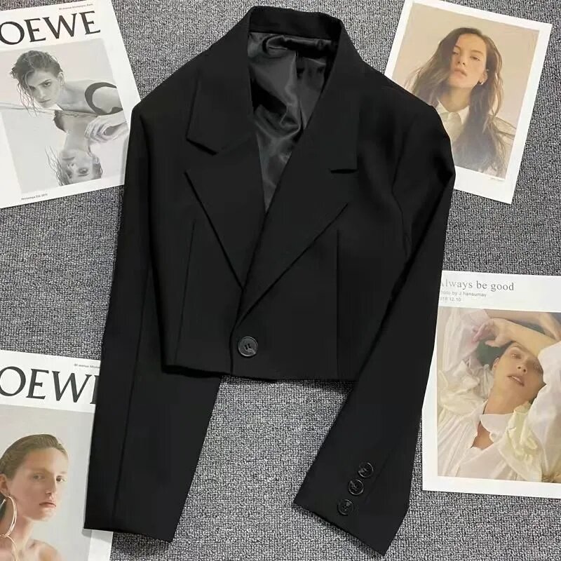 Jaqueta Blazers de manga comprida de botão único feminino, Streetwear feminino do escritório, casaco curto, monocromático, moda coreana, nova