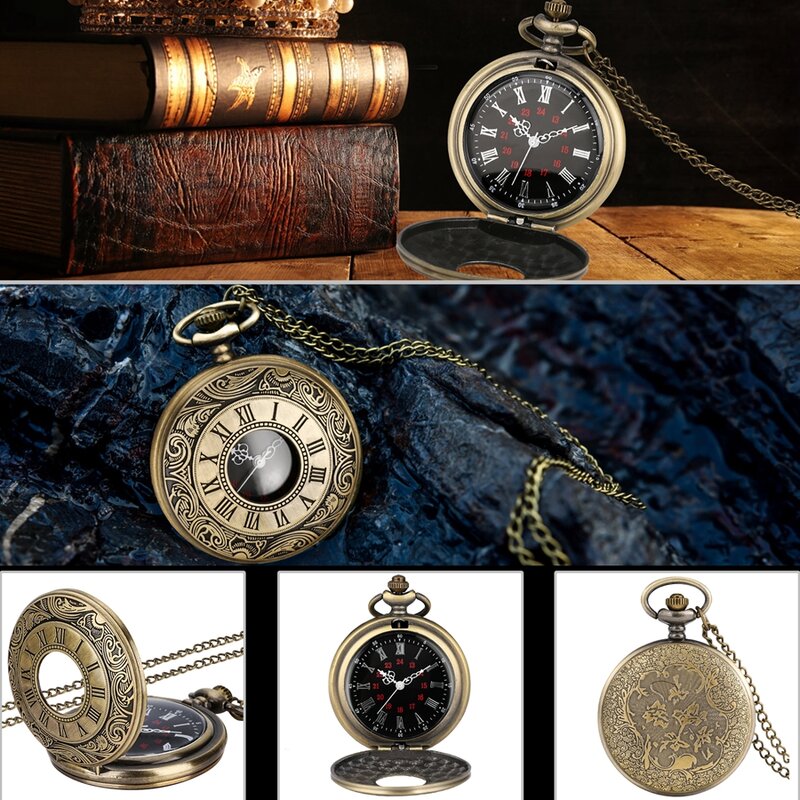 Vintage Bronze Roman Number Necklace Quartz Pocket Watch Chain Pendant Birthday Christmas Jewelry Gifts for Men Women Friends