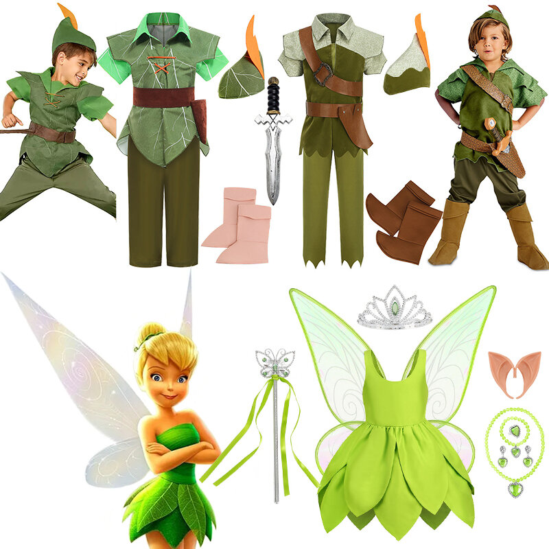 Gaun Cosplay Halloween anak-anak baru kostum Tinker Bell anak perempuan gaun putri peri hijau pakaian Peter Pan anak laki-laki natal