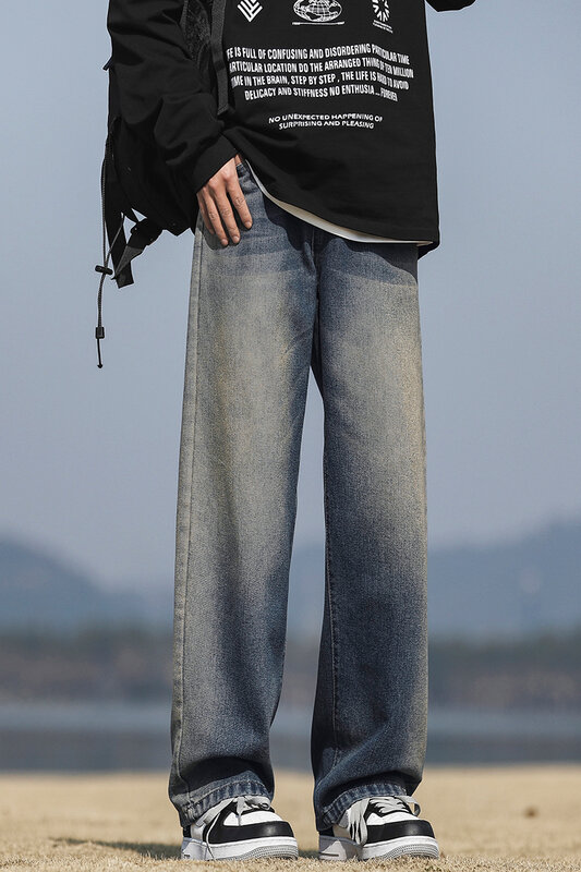 Брюки мужские однотонные в ретро стиле, свободные прямые джинсы с эффектом мытья воды и швабры, в гонконгском стиле, всесезонные